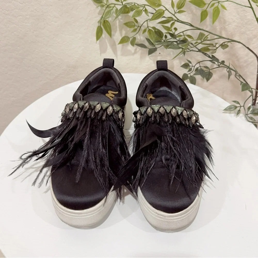Sam Edelman Black Satin Sneaker Flats with Crystal and Feathers Size 6 Preowned